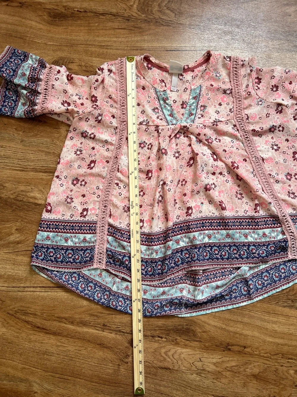 Knox Rose XXL Pink Floral Boho Peasant Blouse Bell Sleeve Top - Picture 4 of 9